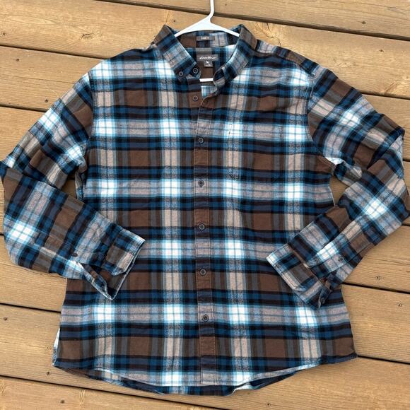 Eddie Bauer XL Classic Fit Plaid Flannel Button Long Sleeve Brown Blue White - Picture 1 of 12